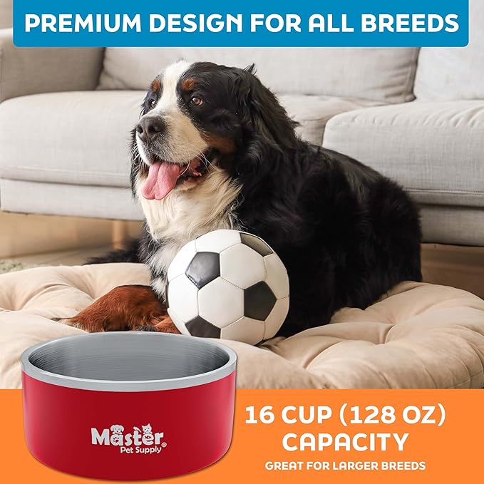 Master Pet Supply Stainless Steel Dog Bowls - 128 oz, Heavy Duty - Crimson Flame, Double Wall Extra-Thick Insulated, Non-Slip Pet Water Bowl for Dogs, Cats & Pets, Anti Rust Metal, Dish Washer Safe