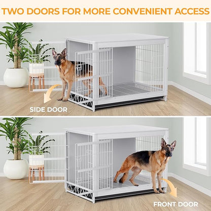 TLSUNNY Dog Crate Furniture, 44.1" Wooden Side End Table, Modern Dog Kennel with Double Doors, Heavy-Duty Dog Cage w/Pull-Out Removable Tray, Indoor Medium/Large/Small Pet House Furniture, White