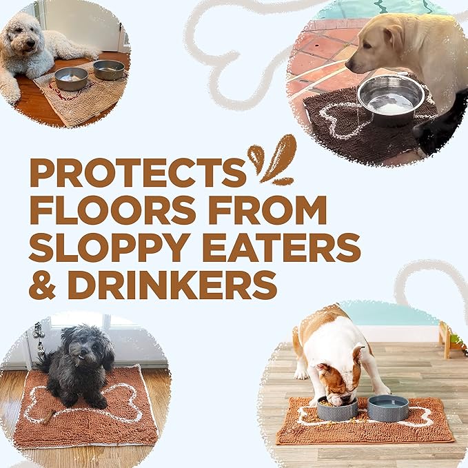 Soggy Doggy Slopmat Dog Food Mat – Absorbent Microfiber Chenille Pet Feeding Mat for Food & Water Bowls, Muddy Paws Small Doormat, Non-Slip, Machine Washable Rug – Caramel/Oatmeal Bone, 18” x 24”