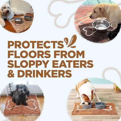 Soggy Doggy Slopmat Dog Food Mat – Absorbent Microfiber Chenille Pet Feeding Mat for Food & Water Bowls, Muddy Paws Small Doormat, Non-Slip, Machine Washable Rug – Caramel/Oatmeal Bone, 18” x 24”