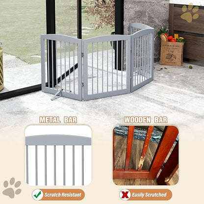 PUPETPO Freestanding Pet Gate for Dogs, Foldable Wooden Dog Gate for House, Indoor Dog Gate for Stair, Doorway, Gates for Dogs Indoor, 80 Inch Wide, 4 Panels 24", Grey