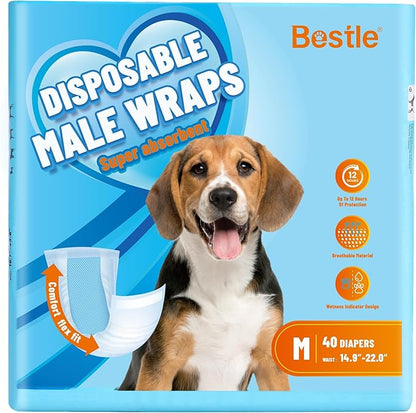 Bestle Male Dog Wrap, Disposable Dog Diapers, 40 Count, M (Waist 19.7”-23.6”), Wetness Indicator, Ultra Protection, Leak Proof, Super Absorbent, Soft