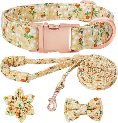 Dog Collar and Leash Set Girls Adjustable Puppy Collars with Floral Bow Tie for Small Medium Large Female Dogs, YellowFlower, XS