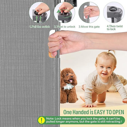 Retractable Baby Gate, Extra Wide Safety Kids or Pets Gate, 33” Tall, Extends to 71” Wide, Mesh Safety Dog Gate for Stairs, Indoor, Outdoor, Doorways, Hallways(33”x71”- Grey)