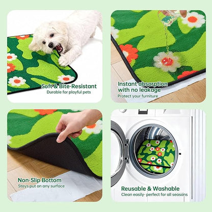Qeils Reusable Puppy Pads for Small Dogs, Washable Pee Pads with Non-Slip , Absorbent Leakproof Mat for Crates, Playpens, Pet Beds & Whelping, Indoor Potty Training Grass Green, 16"x30", 2 Pack