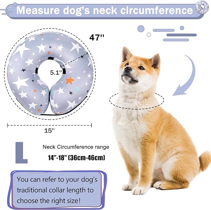 Recovery Donut Collar for Dogs & Cat,Inflatable Dog Cone Collar Alternative After Surgery,Soft Cone for Large Medium Small Dog,Adjustable Pet Neck Donut(Grey Star,Large