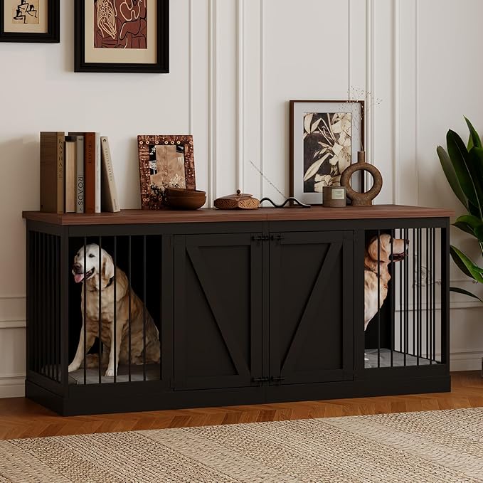 Dog Crate Furniture - Indoor Wooden Dog Kennel Furniture with Room Divider - 71"x23.6"x31.5"H, Black