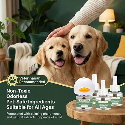 4-Pack Dog Calming Diffuser Kit (1 Diffuser + 3 Refills), Plug-in Pheromone Calming Diffuser for Dog, 90-Day Supply, Covers 700 sq ft, Safe & Odorless Stress Relief Solution, Promotes Relaxed Behavior