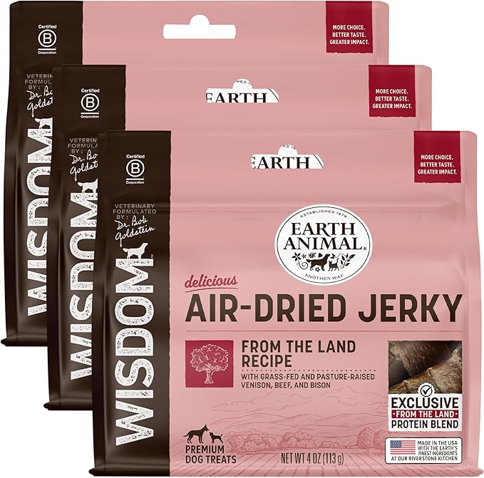 Earth Animal Wisdom Air Dried Jerky - From the Land Recipe Premium Natural Red Meat Jerky Strips Dog Treats - 3 Pack 4 oz Bag