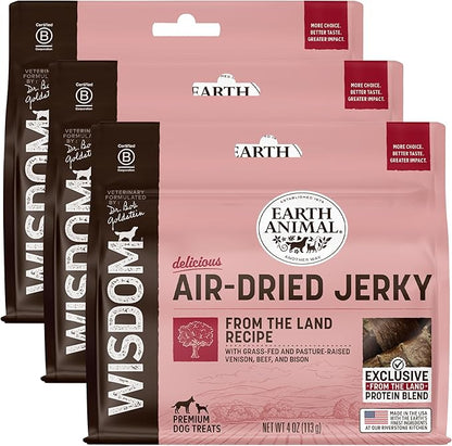 Earth Animal Wisdom Air Dried Jerky - From the Land Recipe Premium Natural Red Meat Jerky Strips Dog Treats - 3 Pack 4 oz Bag