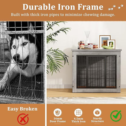 Greesum Modern Dog Crate Furniture That Doubles as a Side Table - Sturdy Wooden Kennel with Double Door Design, Equipped with Soft Cushion & Chew-Resistant Resign, Suitable for Dogs