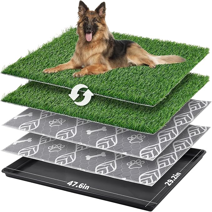 LOOBANI 47.6x29.2in Large Dog Litter Box with 2 Artificial Grass Patch + 2 Washable Pee Pads, Quickly Absorbency Portable Patio Potty for Balcony Apartment Use