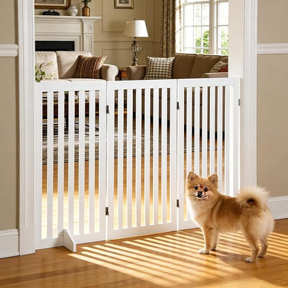 Freestanding Pet Dog Gate 36 Inch Foldable Fence Indoor 3 Panel Extra Wide Wooden Dog Door for Stairs Hallways Doorways