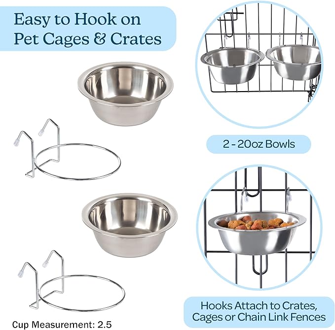 Set of 2 Stainless-Steel Dog Bowls - Cage, Kennel, and Crate Hanging Pet Bowls for Food and Water - 20oz Each and Dishwasher Safe by PETMAKER,Silver