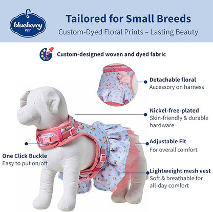 Blueberry Pet Soft & Comfy Floral No Pull Dog Harness Dress, Small Dog Harness, X-Small, Adjustable, Lightweight, Pastel Blue