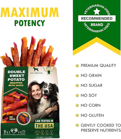 Beloved Pets Sweet Potato Dog Treats & Healthy Duck Chews 10.6 Oz - Puppy Snacks & Soft Bones for Large, Medium & Small Breeds - Natural Dog Food & Grain-Free, Rawhide-Free Training Jerky Wraps