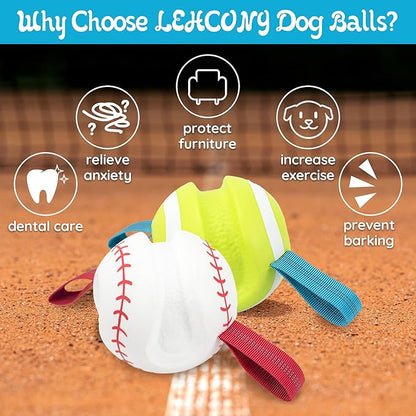 LECHONG Dog Balls with Straps for Tugging 2 Pcs, Interactive Dog Toys, Puppy Toys to Keep Them Busy, High Bouncy Balls for Dogs, Tennis Ball Base Ball Toys