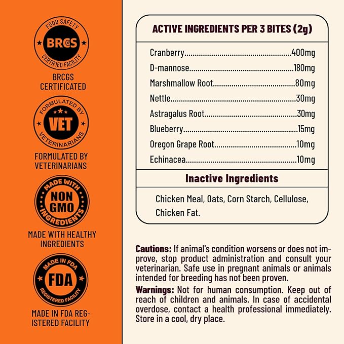 Urinary Tract Supplement for Dogs - Cranberry Supplement with Cranberry, D Mannose, Marshmallow Root & Blueberry for Bladder Control & Kidney Health for Dogs - Chicken Flavor 7.76oz