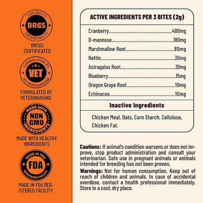 Urinary Tract Supplement for Dogs - Cranberry Supplement with Cranberry, D Mannose, Marshmallow Root & Blueberry for Bladder Control & Kidney Health for Dogs - Chicken Flavor 7.76oz