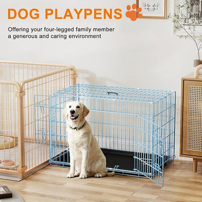 FDW Dog Crate 36inch Dog Cage Foldable Metal Kennel with Leakproof Tray Foldable Design Indoor Outdoor Use for Medium Dogs,Blue