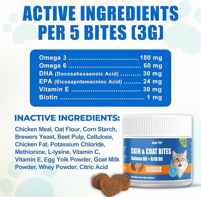 Just Try 300 Bites Skin and Coat Healthy Cat Vitamins for Indoor Cats Omega 3 for Cats Salmon Oil Supplements- Cat Itchy Skin Relief