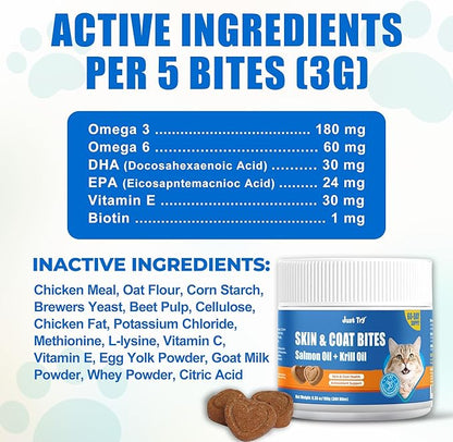 Just Try 300 Bites Skin and Coat Healthy Cat Vitamins for Indoor Cats Omega 3 for Cats Salmon Oil Supplements- Cat Itchy Skin Relief