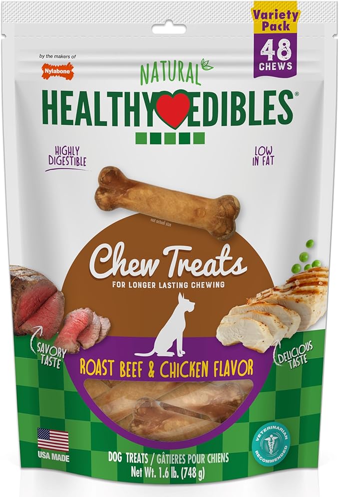 Nylabone Healthy Edibles Natural Dog Chews, Long Lasting Bones for Dogs, Roast Beef & Chicken Flavor Dog Treats, X-Small (34 Count)