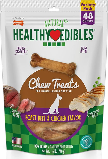 Nylabone Healthy Edibles Natural Dog Chews, Long Lasting Bones for Dogs, Roast Beef & Chicken Flavor Dog Treats, X-Small (34 Count)