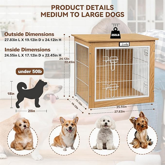 Oak Dog Crate Furniture with Reversible Side Door, 28'' Wooden Indoor Dog Kennel for Small Medium Dogs, Furniture Style End Table Dog Crate with Double Locks, Steel Mesh Dog Cage