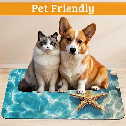 Starfish Shells Dog Cat Food Mat,Sea Beach Absorbent Waterproof Placemat for Food and Water Non Slip Rubber Backing Durable Feeding Pad for Clean Floors 12" x 20"