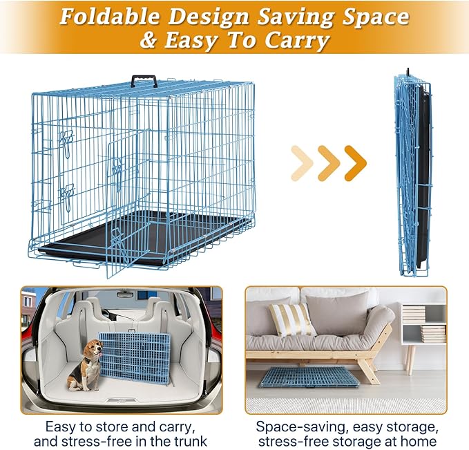 Dog Crate, Folding Portable Outdoor Large Two Door Metal Cat Dog Cage with ABS Tray LC Panel Floor Protecting Feet Wire Animal Pet Dog Kennel with Divider