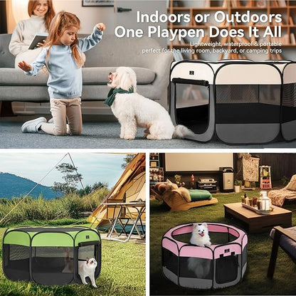 Dog Playpen for Small Dogs & Puppies, 40.55" Portable Indoor Outdoor Puppy Playpen with Bowl, Waterproof Floor, Foldable Pop-Up Pet Pen for Home, Travel & Daily Use, Green+Black