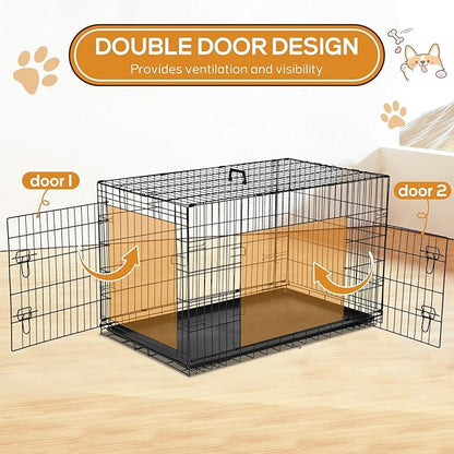 Dog Crate - 36 Inch Medium Double Door Portable Dog Cage, Metal Wire Pet Kennel with Secure Lock, Leak-Proof Pan Tray, Foldable Design for Dogs Pets Indoor Training and Outdoor Trave