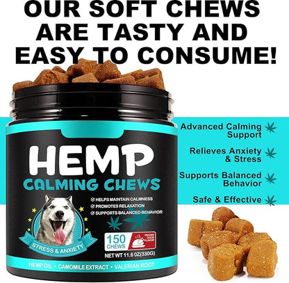 Hemp Calming Chews for Dogs 150 Count (11.6 oz), Dog Calming Treats, Helps with Dog Anxiety, Separation, Barking, Stress Relief, Melatonin for Dogs, Sleep Calming Aid, for All Breeds & Sizes