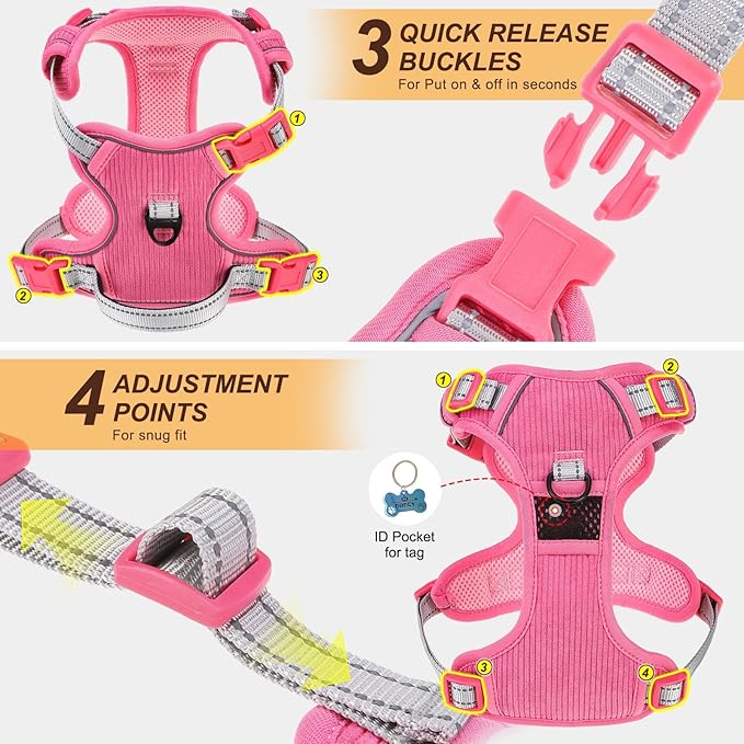 BEAUTYZOO No Pull Dog Harness Large, Adjustable Dog Harness and Leash Set -Easy Wearing with 3 Buckles/Control Handle,No Choke Soft Padded Reflective Pet Vest for Training Walking Hiking,Rose M