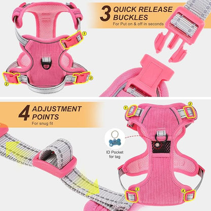 BEAUTYZOO No Pull Dog Harness Large, Adjustable Dog Harness and Leash Set -Easy Wearing with 3 Buckles/Control Handle,No Choke Soft Padded Reflective Pet Vest for Training Walking Hiking,Rose L