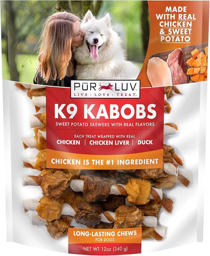 Pur Luv Dog Treats, K9 Kabobs Made with Real Chicken, Duck, and Sweet Potato, 12 Ounces, Dog Snacks, Healthy, Easily Digestible, Long-Lasting, High Protein Treat, Satisfies Urge to Chew