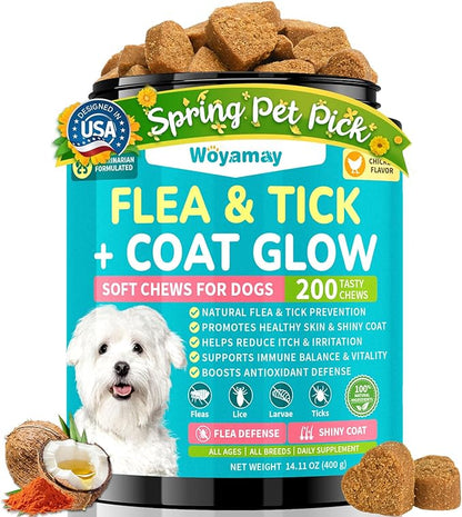 Woyamay Flea + Coat Glow Soft Chews, Natural Flea and Tick Prevention for Dogs, Dog Flea and Tick Treatment Chewable, Reduces Itch & Shedding with Fish Oil & Neem, Chicken Flavor