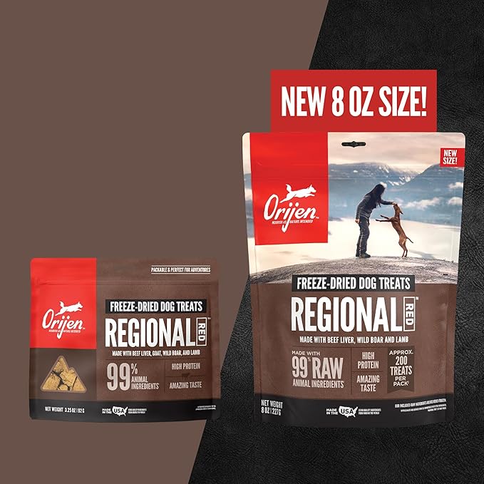 ORIJEN Grain Free High Protein Freeze Dried Dog Treats Regional Red Recipe 8oz Bag