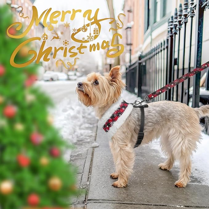 SCENEREAL Dog Christmas Harness Collar and Leash Set, Warm Fleece No Pull Puppy Vest Harnesses No Chock Adjustable Small Pet Halter for Outdoor Walking Training, Black Red Plaid S