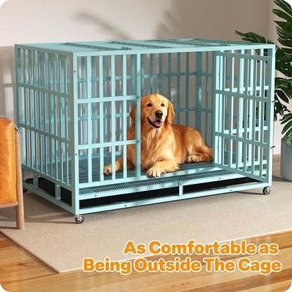 Hiwokk 48 Inch Heavy Duty Dog Crate, Indestructible Escape-Proof Dog Kennel for High Anxiety Large Dogs, Strong Metal Pet Cage with Double Doors, Lockable Wheels & Removable Tray, XL XXL XXXL