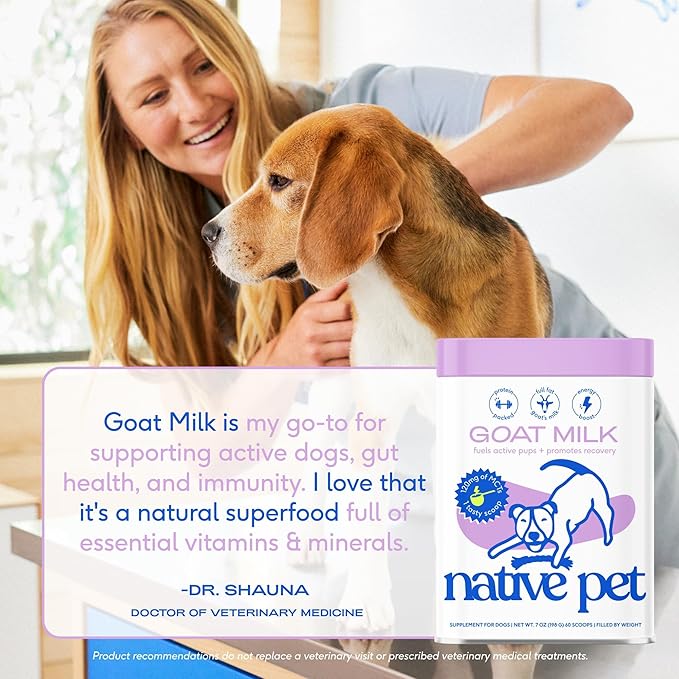 Native Pet Goat Milk Powder - Dog Food Topper for Active Dogs - Post-Activity Recovery, Energy, Immune Support, Hydration & Bone Health - Whole Goat Milk with MCTs & Essential Minerals - 120 Scoops