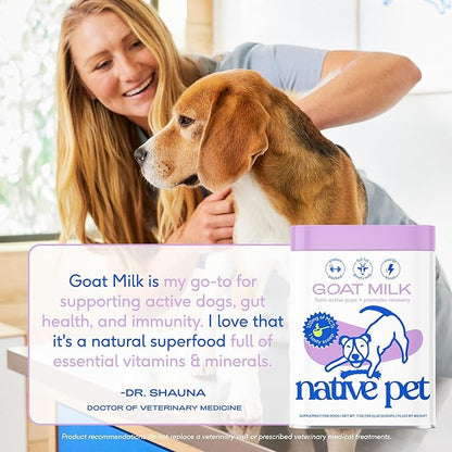 Native Pet Goat Milk Powder - Dog Food Topper for Active Dogs - Post-Activity Recovery, Energy, Immune Support, Hydration & Bone Health - Whole Goat Milk with MCTs & Essential Minerals - 120 Scoops