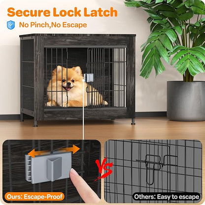 Dog Crate Furniture, Wooden Dog Crate 27in, Decorative Cage with End Table for Dog Indoor Kennel, High Anxiety Dog, Escape-Proof Locks for All Breeds