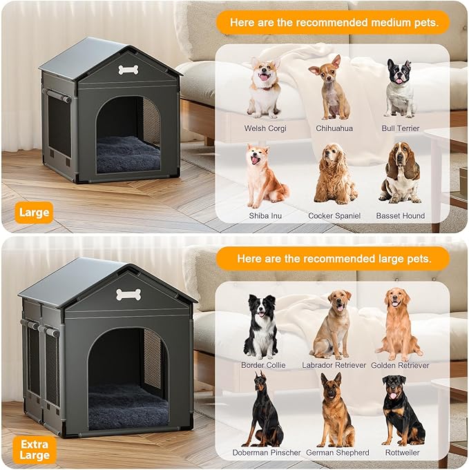 Large Dog House Indoor with Plush Cushion, Dog Kennel for Inside with Sturdy Frame, Waterproof Pet House Suitable for Small Medium Dogs, 27x21x27in, Gray