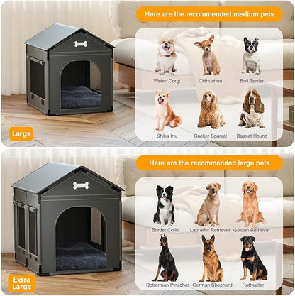 Large Dog House Indoor with Plush Cushion, Dog Kennel for Inside with Sturdy Frame, Waterproof Pet House Suitable for Small Medium Dogs, 27x21x27in, Gray