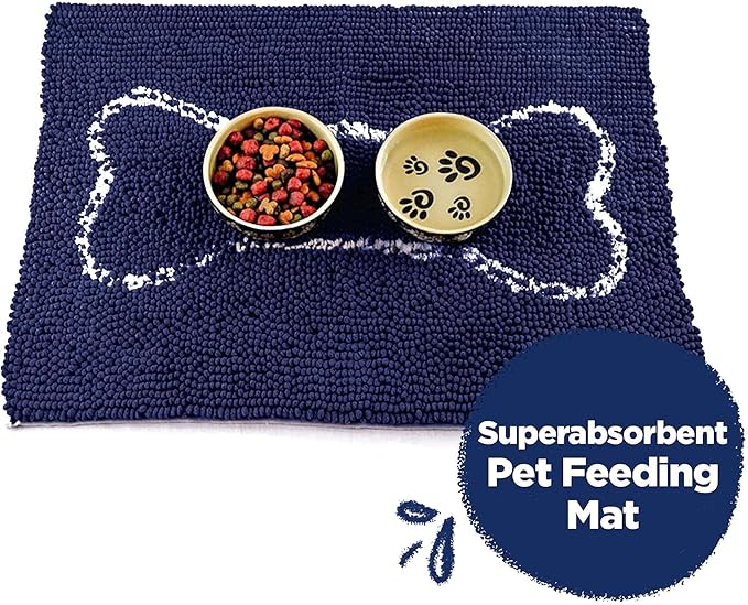Soggy Doggy Slopmat Dog Food Mat – Absorbent Microfiber Chenille Pet Feeding Mat for Food & Water Bowls, Muddy Paws Small Doormat, Non-Slip, Machine Washable Rug – Navy Blue/Oatmeal Bone, 18” x 24”