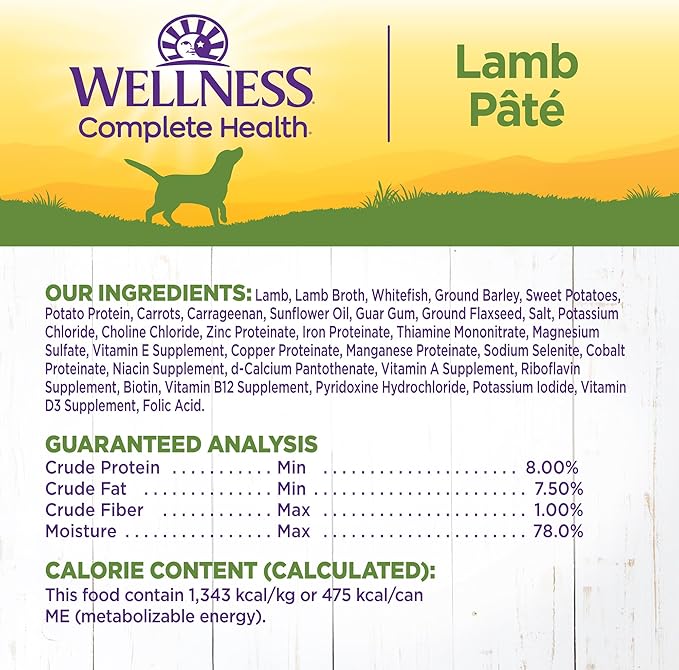 Wellness Complete Health Pate Adult Canned Wet Dog Food, Wholesome Grains, Natural, Lamb and Sweet Potato, 12.5 oz, Pack of 12 Cans