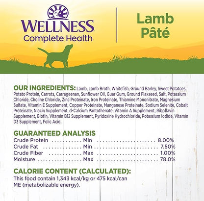 Wellness Complete Health Pate Adult Canned Wet Dog Food, Wholesome Grains, Natural, Lamb and Sweet Potato, 12.5 oz, Pack of 12 Cans