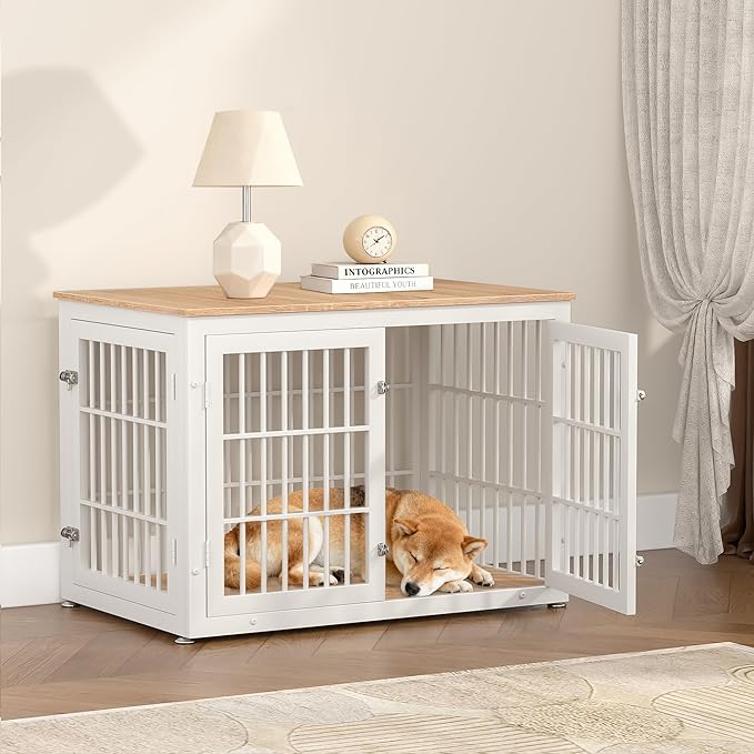 rehomerance 38 Inch Heavy Duty Dog Crate Furniture for Large and Medium Dogs, Decorative Pet House End Table, Wooden Cage Kennel Furniture Indoor, Natural and White